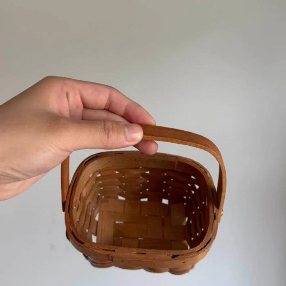 Handcrafted Brown Woven Wood Basket with Handle Rustic Farmhouse Decor